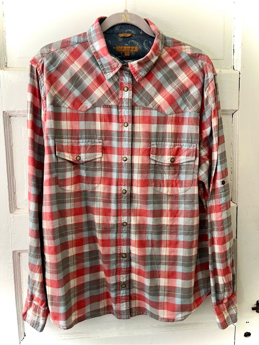 Jachs Girlfriend “Bea” Women’s Western Snap Plaid Shirt w/ Paisley Collar Cuffs